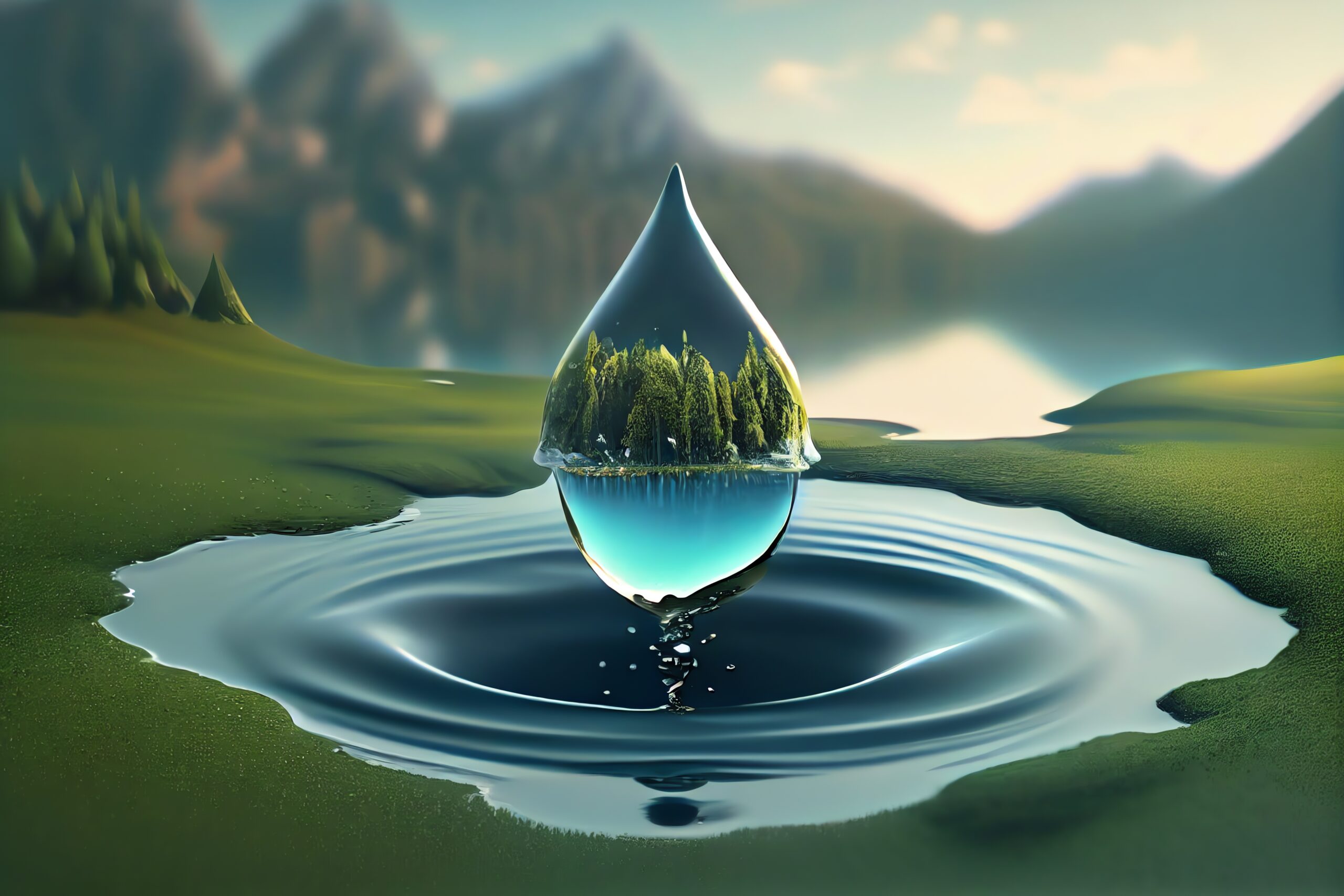 A water droplet shaped lake in the middle of untouched nature. A